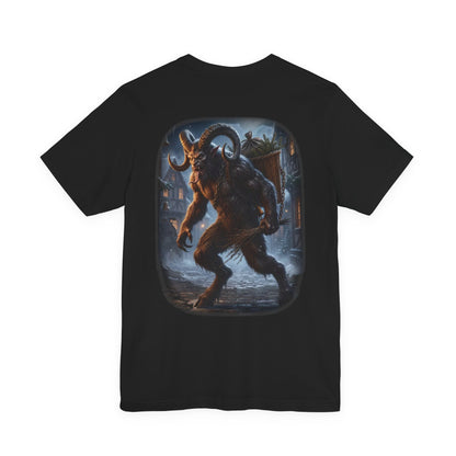 Krampus with basket and switch walks through a snowy village street.
