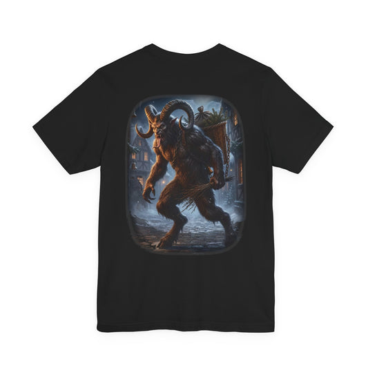 Krampus with basket and switch walks through a snowy village street.