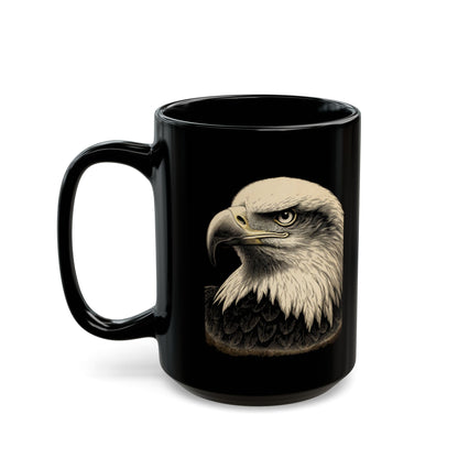 Black mug with detailed eagle head illustration.