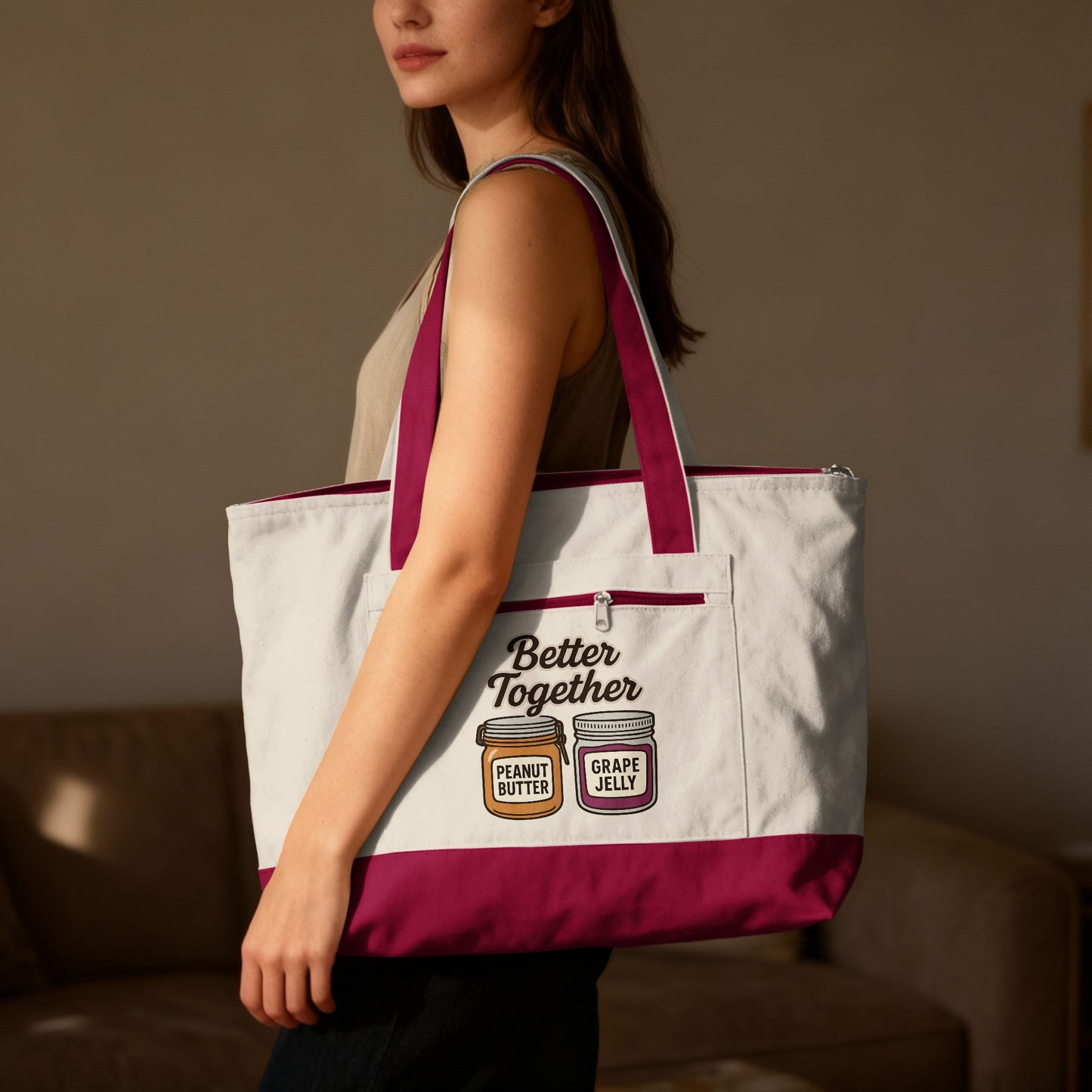 Better Together phrase on a Zippered Canvas Tote