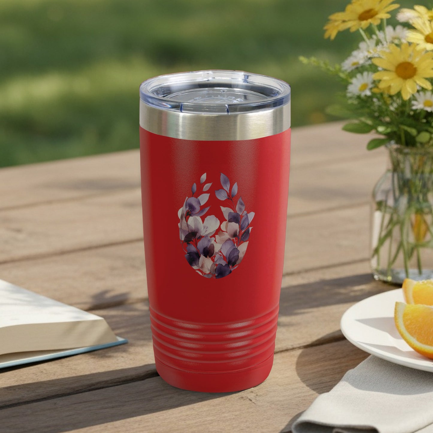 Red Floral Print Tumbler with Clear Lid Coffee Mug