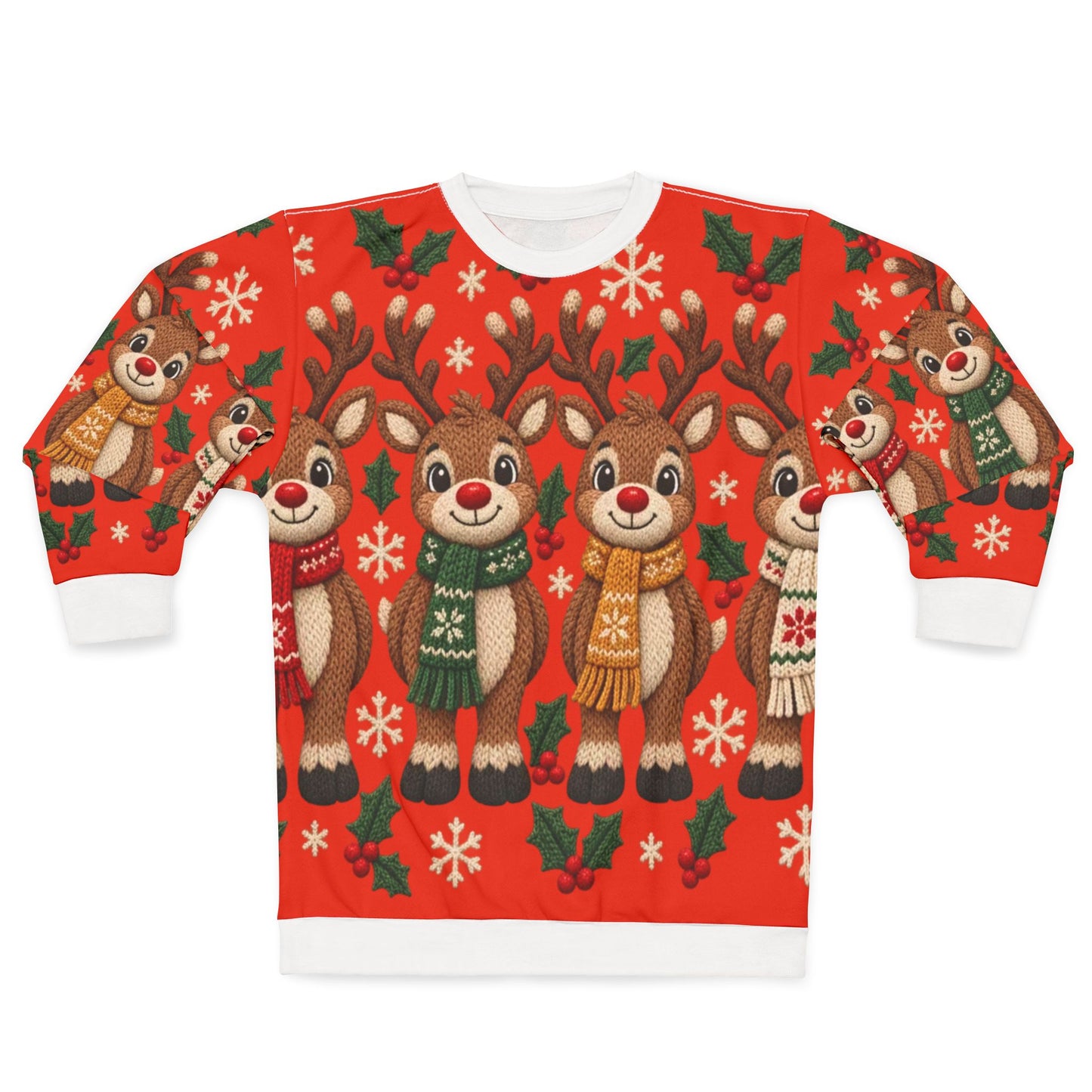 Red sweater with a repeating pattern of cartoon reindeer, snowflakes, and holly.