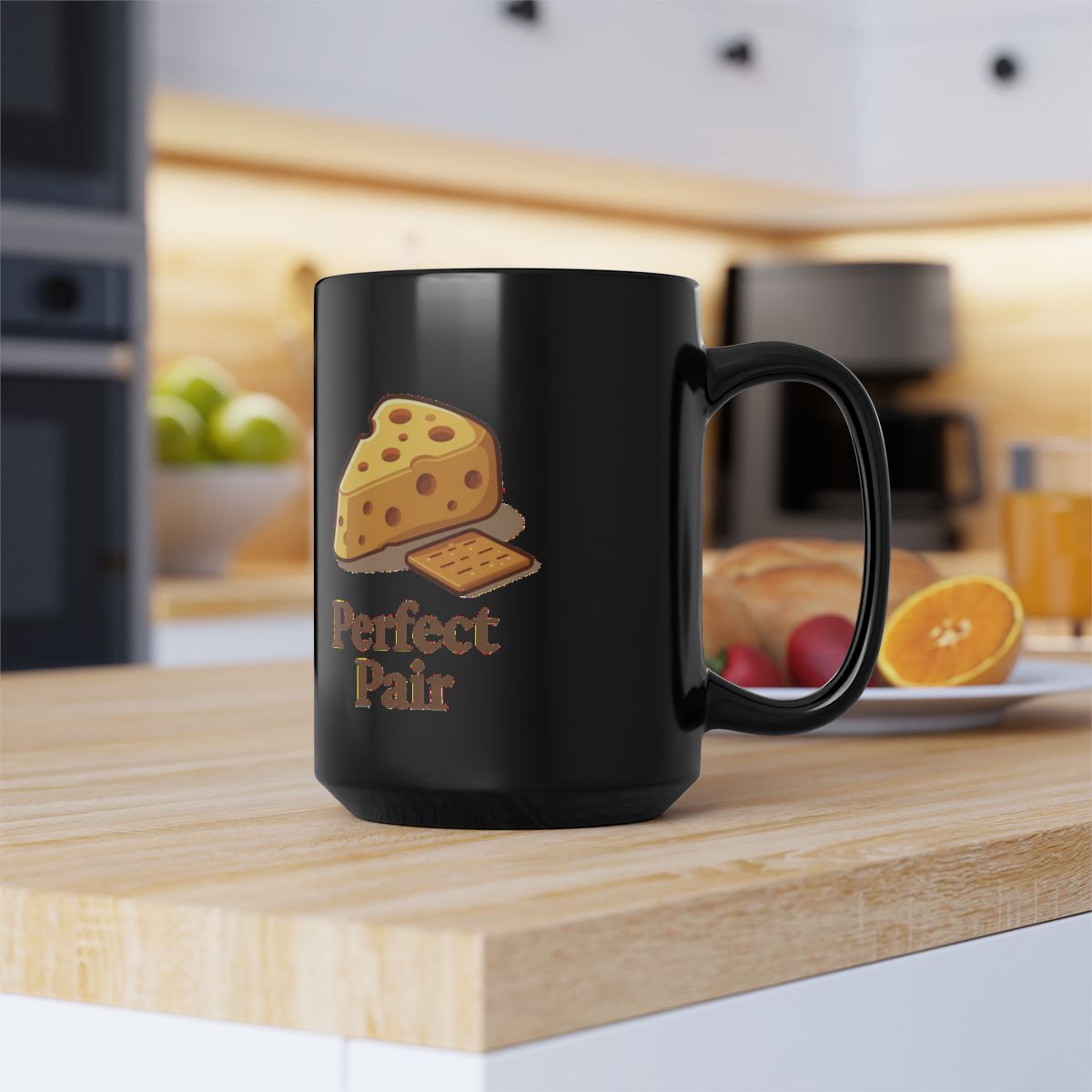 Cheese and Crackers image with Perfect Pair text phrase on an 11/15oz Black Mug