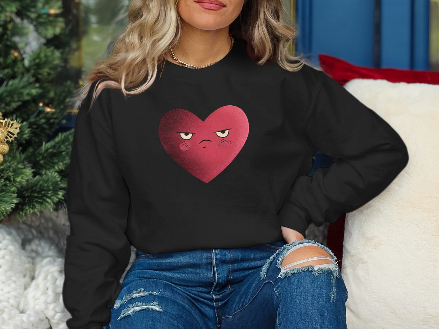 Cute Grumpy Heart Face Printed Black Sweatshirt Product
