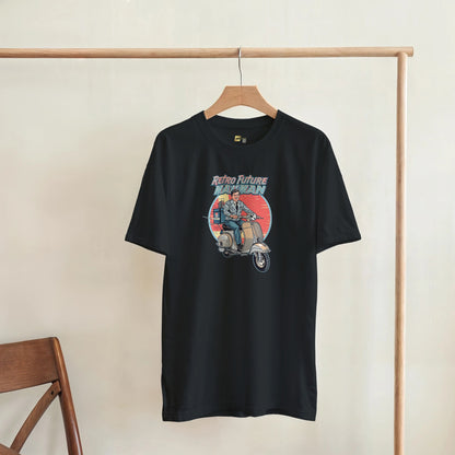 Man wearing a t-shirt with a retro design of a man on a scooter.