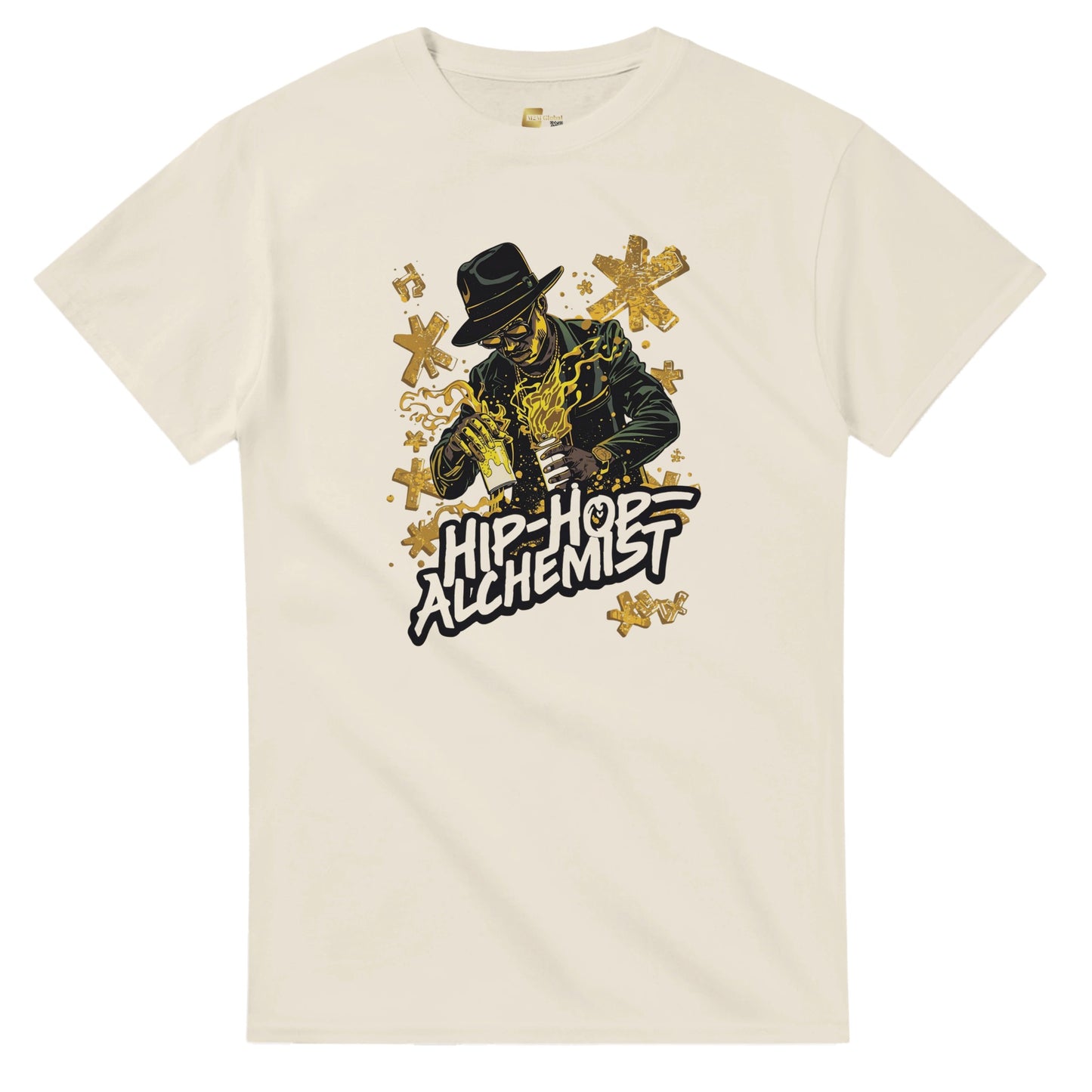 Man wearing a red t-shirt with a graphic design, holding shopping bags in a blurred indoor setting