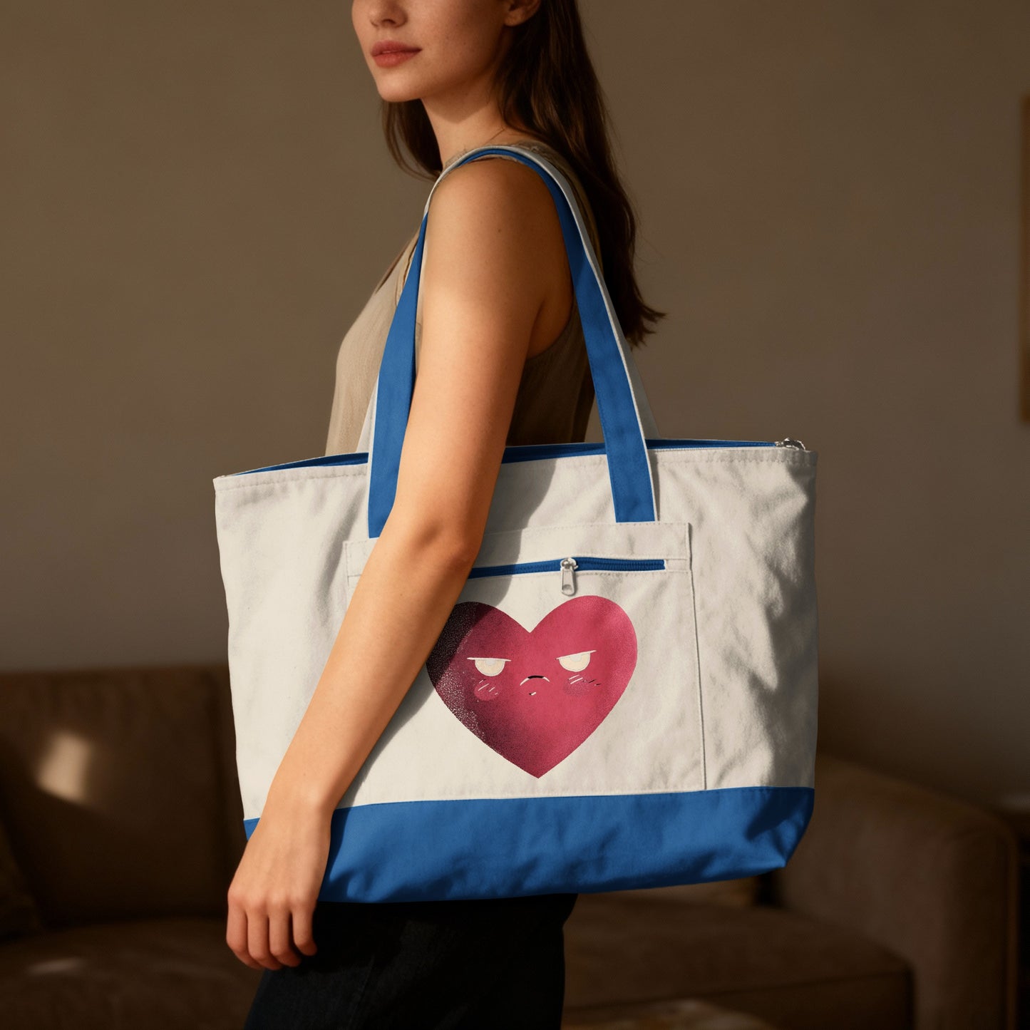Blue and White Tote Bag with Angry Heart Design