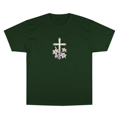 Religious Cross White Lilies Design Dark Green T-Shirt product type