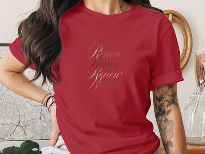 Red Renew Renew Renew Script Typography Shirt product type
Red Shirt
Renew T-shirt
Script Design
Typography Tee
Statement Top
Graphic Shirt
Inspirational
Motivational
Word Art
Womens Apparel
Casual Shirt
Everyday Wear
Red Clothing
Renew Apparel
Text T-shirt
Modern Script
Red Graphic Tee
Unique Design
Rebirth Theme
Growth Message