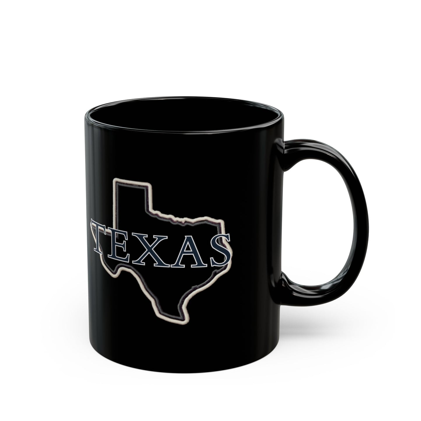 Black mug with a white outline of Texas and "TEXAS" text.