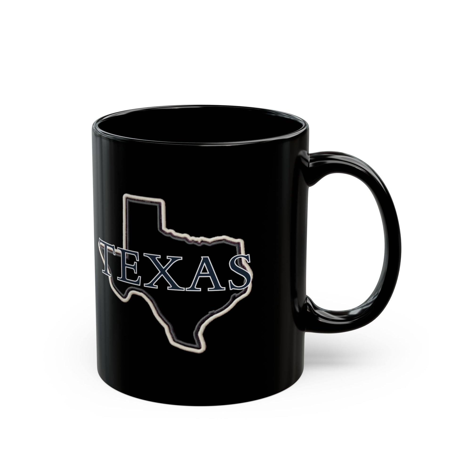 Black mug with a white outline of Texas and "TEXAS" text.