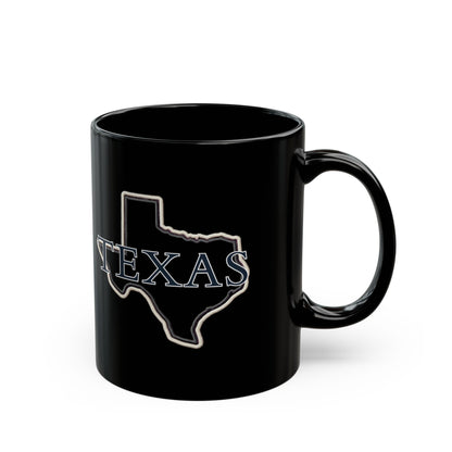 Black mug with a white outline of Texas and "TEXAS" text.