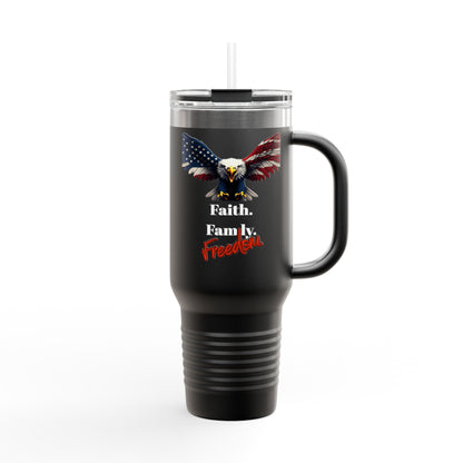 Faith Family Freedom Patriotic Eagle on a 40oz tumbler