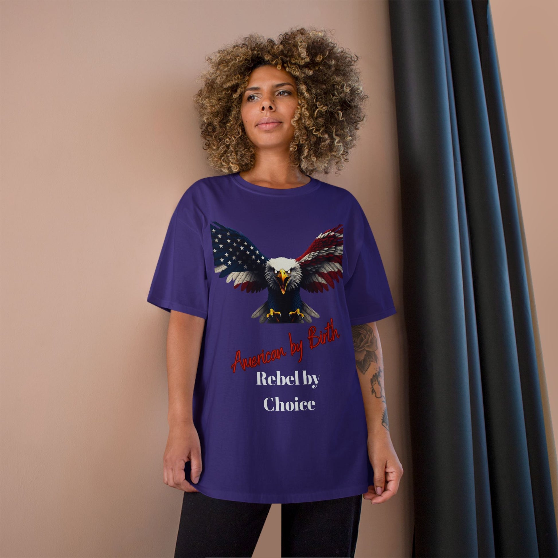American By Birth Rebel By Choice Patriotic Eagle on a Champion T-shirt