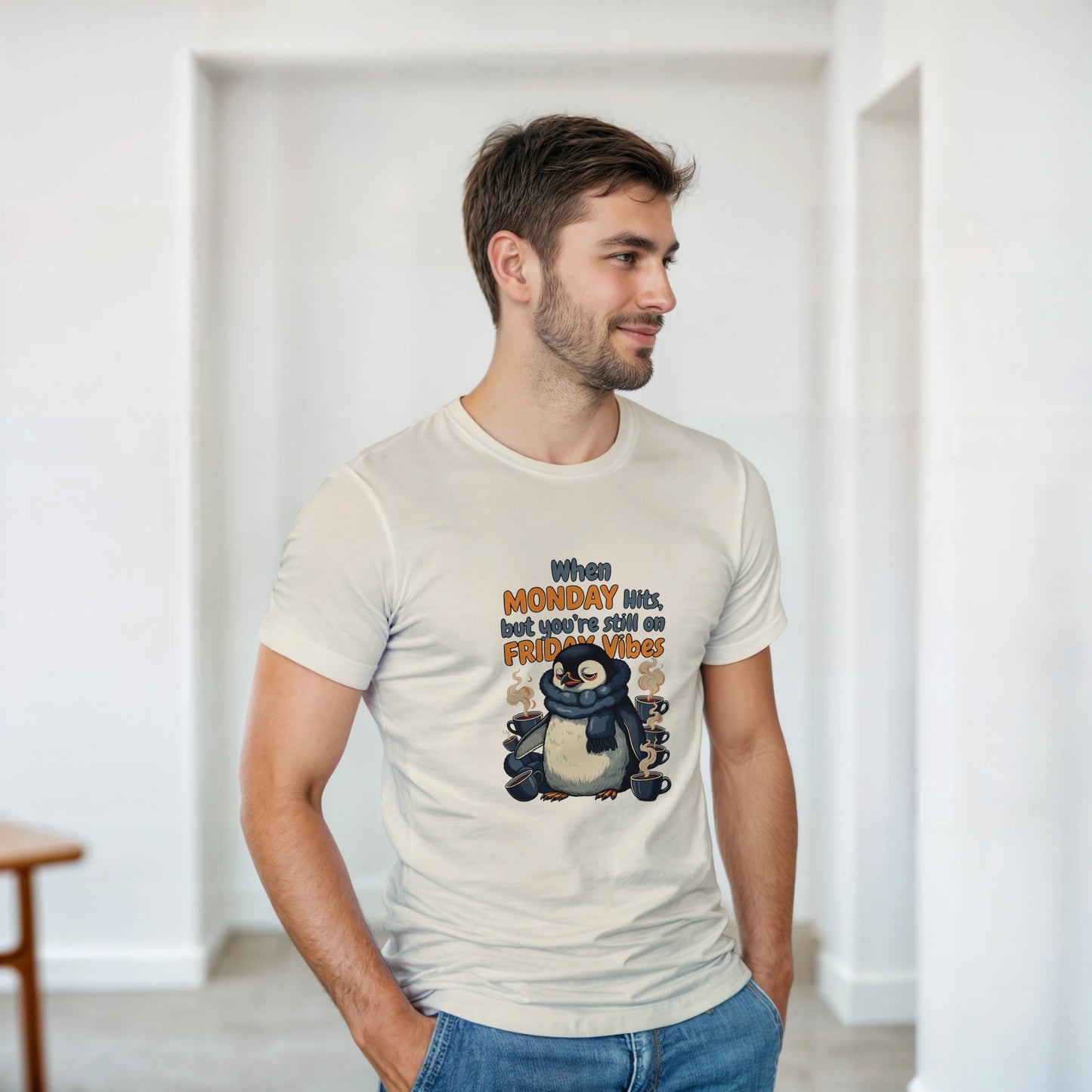 When MONDAY Hits, But You're Still On FRIDAY Vibes Penguin on a Heavyweight T on a shirt