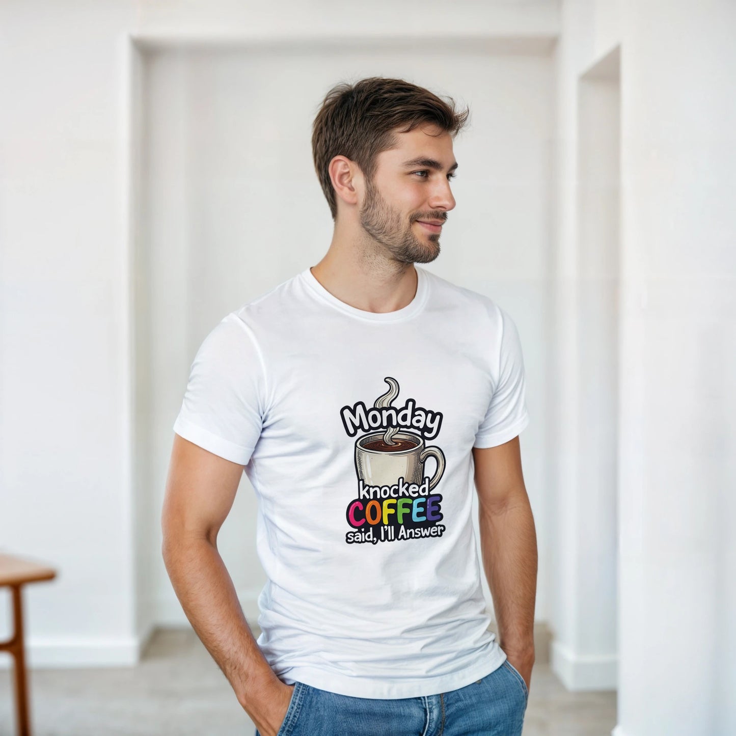 Monday Knocked, Coffee Answered on a Heavyweight Rainbow Text & Steaming Mug T on a Shirt