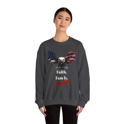 Faith. Family. Freedom Patriotic Eagle text on a Crewneck Sweatshirt