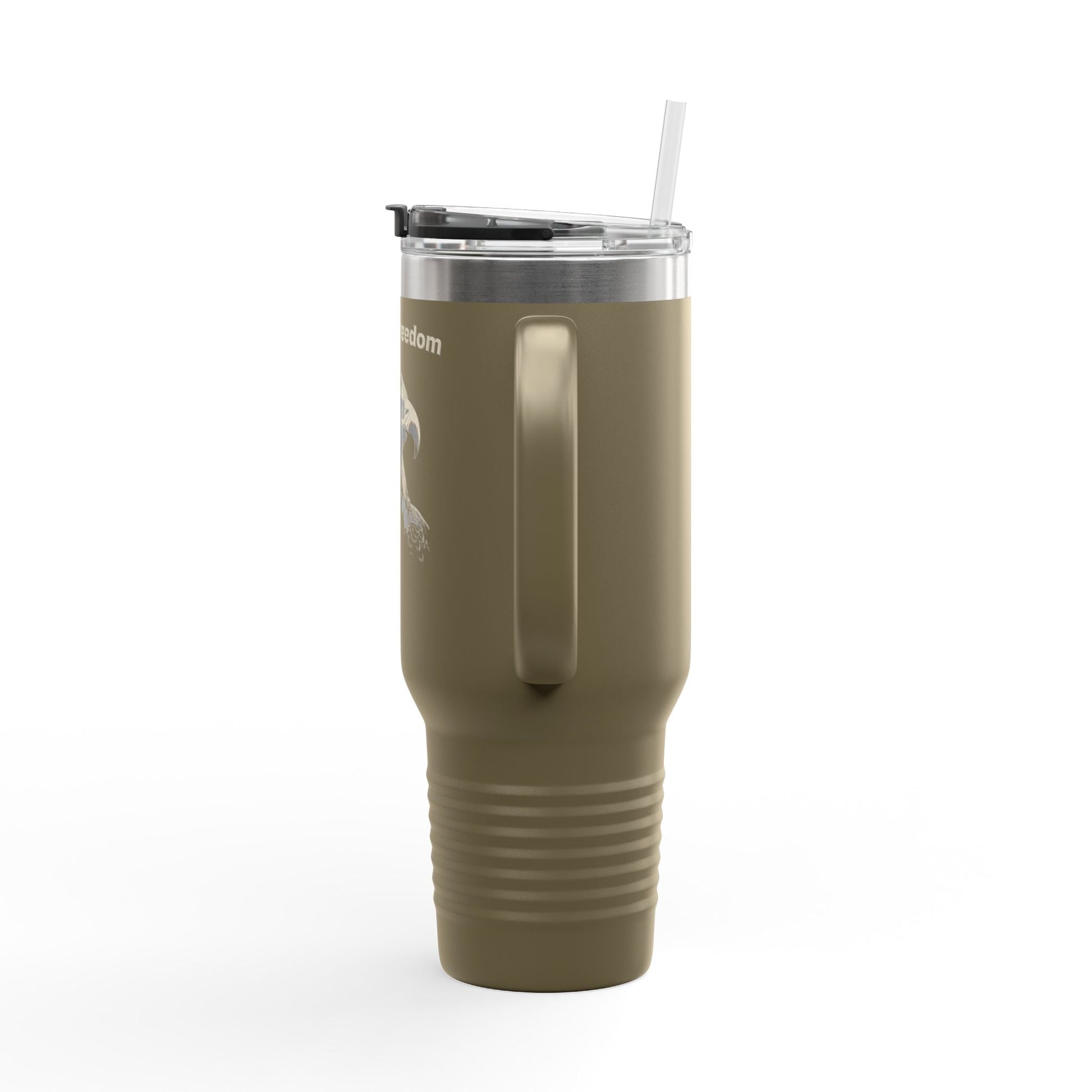 Built of Freedom text on the bottom of a  40oz Insulated Travel Mug