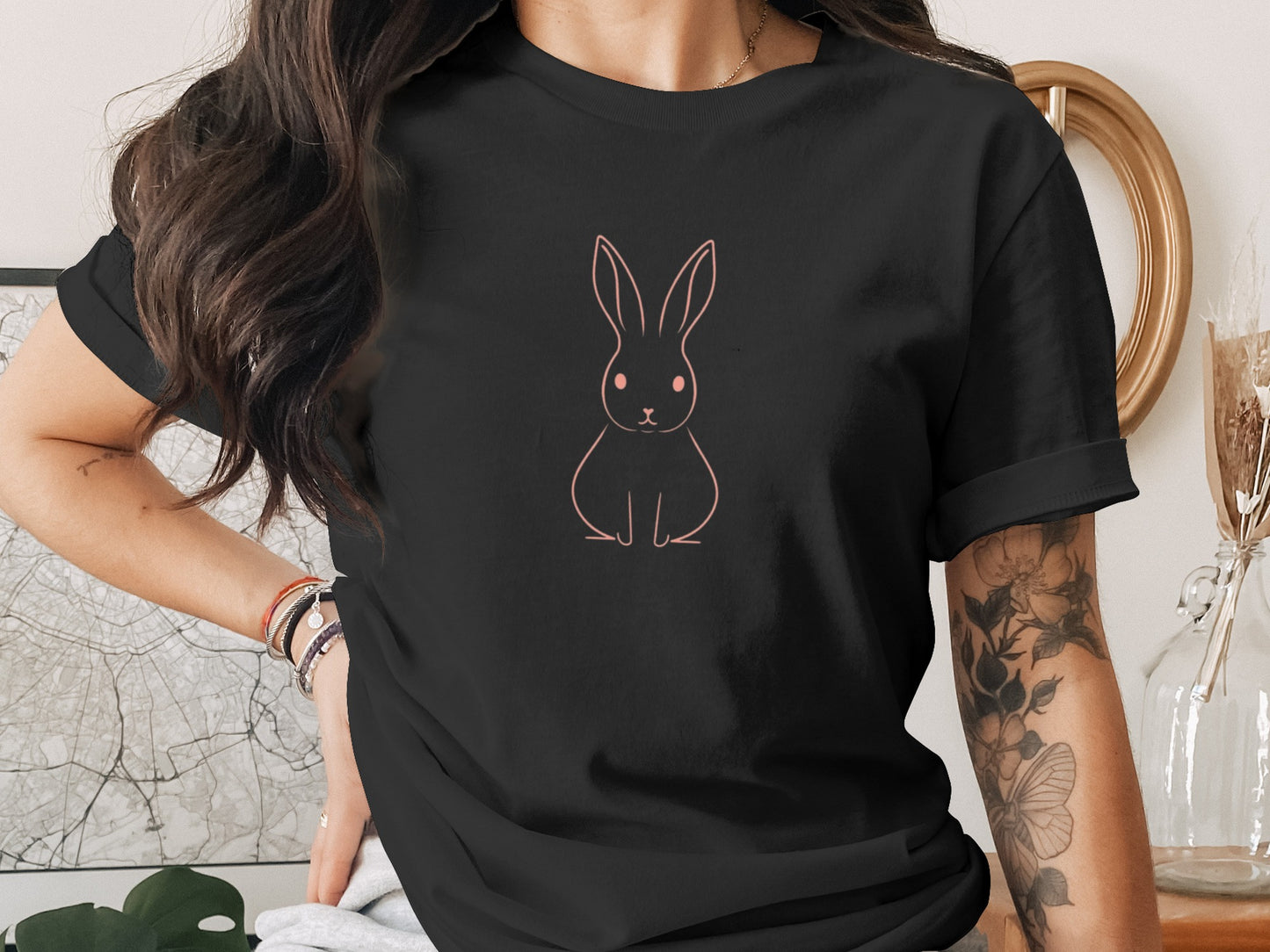 Black shirt pink bunny outline minimalist design product type