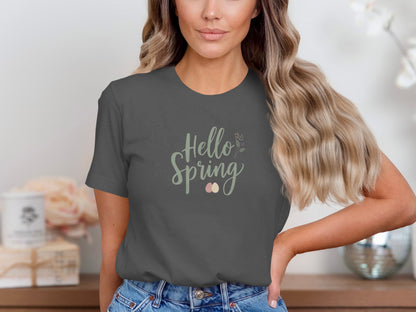 Hello Spring Graphic Tee with Easter Eggs Design