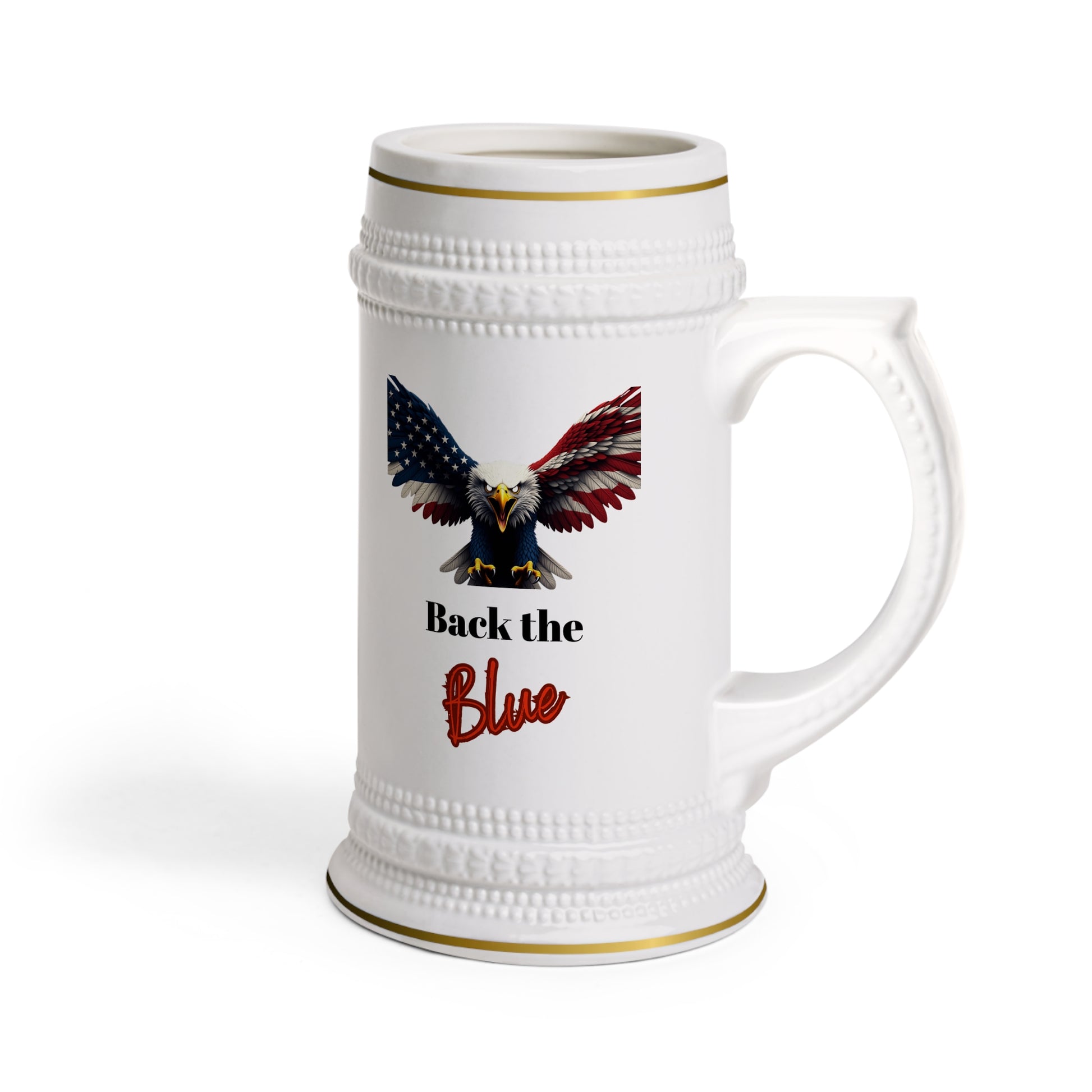 Back The Blue Patriotic Eagle on a 22oz Ceramic Beer Stein