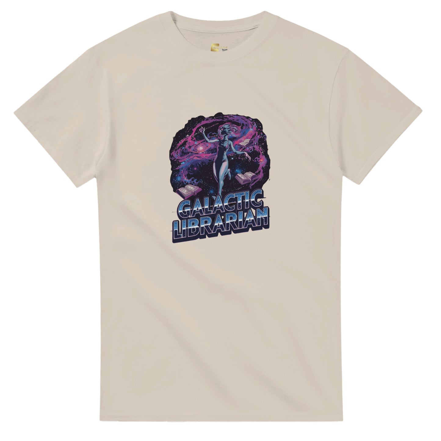 Woman wearing a red t-shirt with a graphic design, holding shopping bags in a mall.