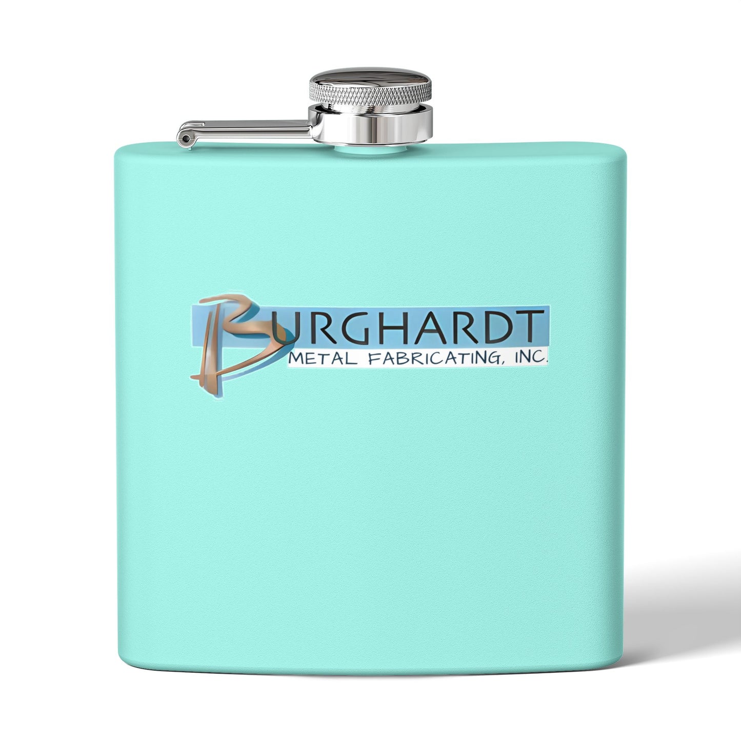 Burghardt Metal Fabricating, Inc., logo on a 6oz Stainless Steel Flask