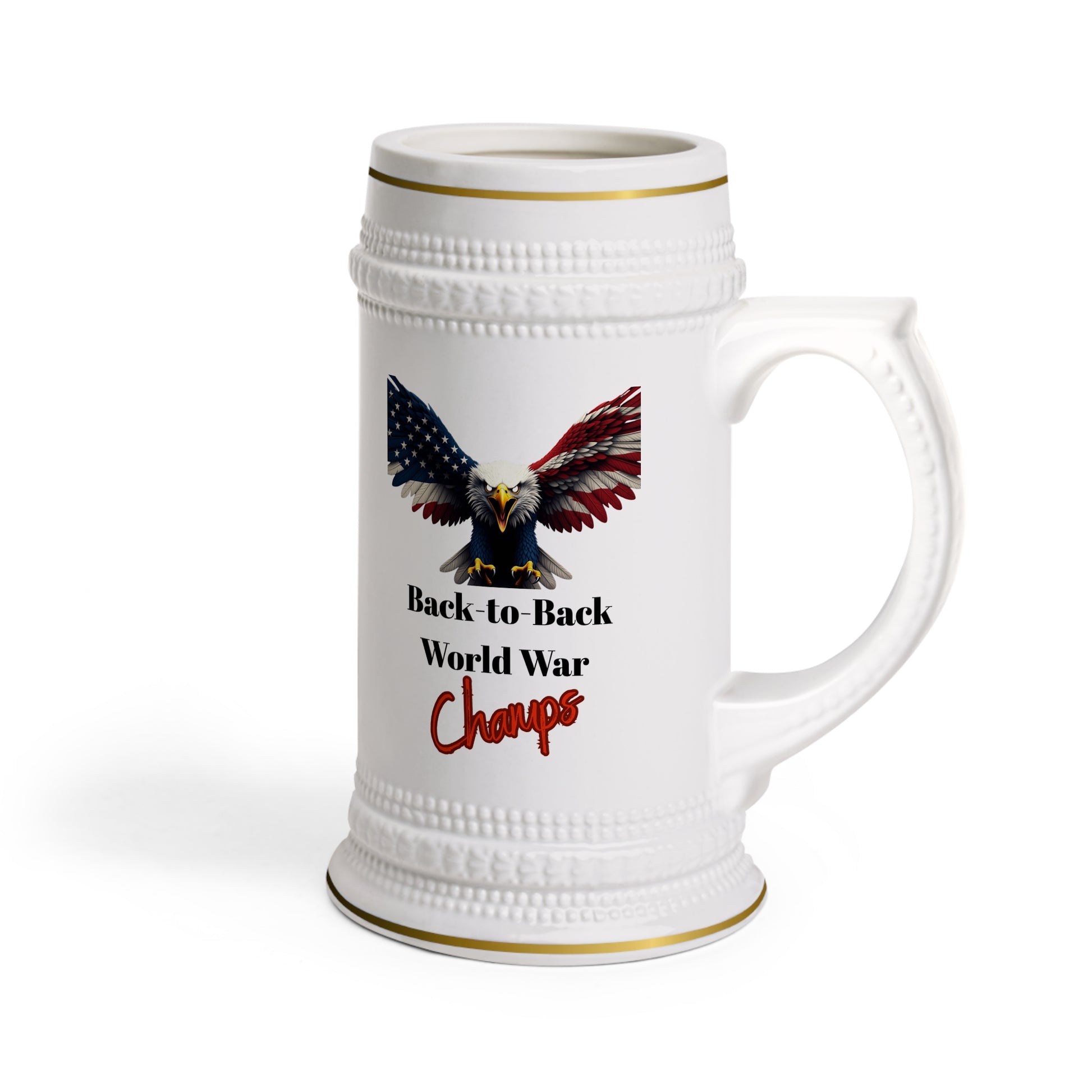 Back-To-Back World War Champs Patriotic Eagle on a 22oz Ceramic Beer Stein