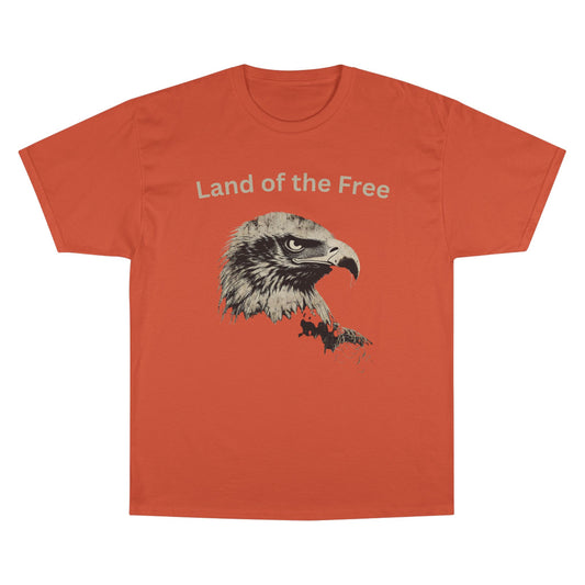 Land of the Free text above an eagle head on a Champion Tee