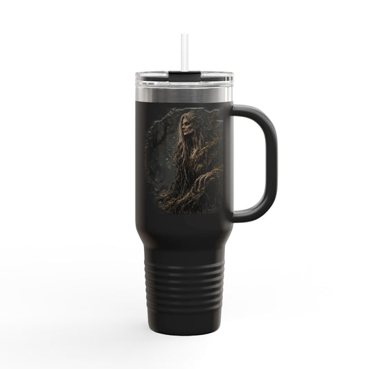 40oz insulated tumbler featuring the Forest Witch, a mossy tree spirit, in a dark forest.