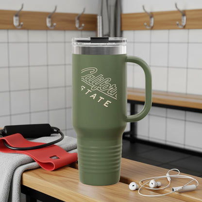 Green tumbler with "California State" text, a handle, and a straw, on a bench.