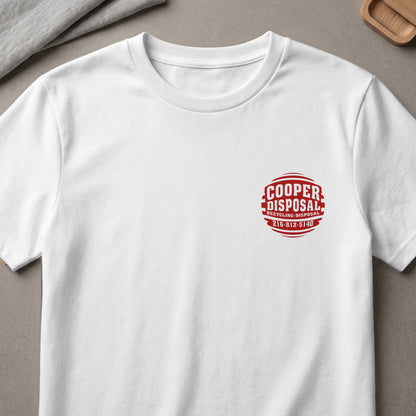 White t-shirt with red Cooper Disposal recycling logo on left chest.