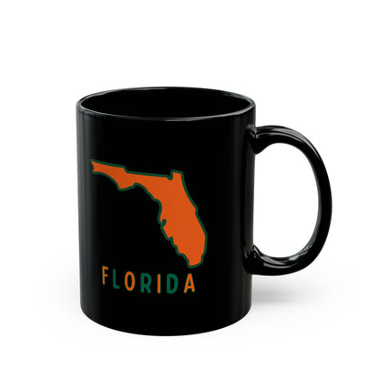 Black mug with an orange outline of Florida and 'Florida' text on a white background