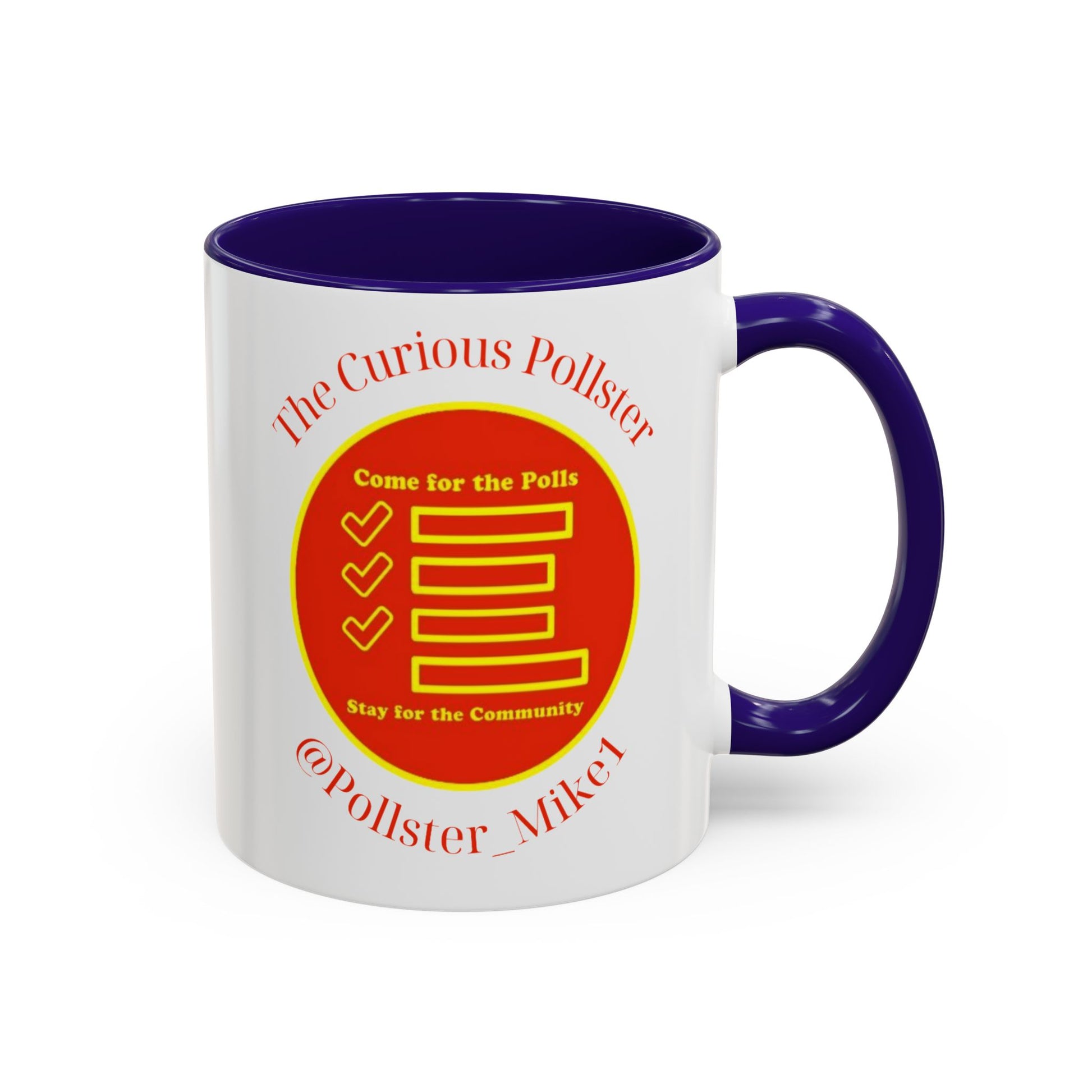 Curious Pollster mug with yellow checklist and red text.