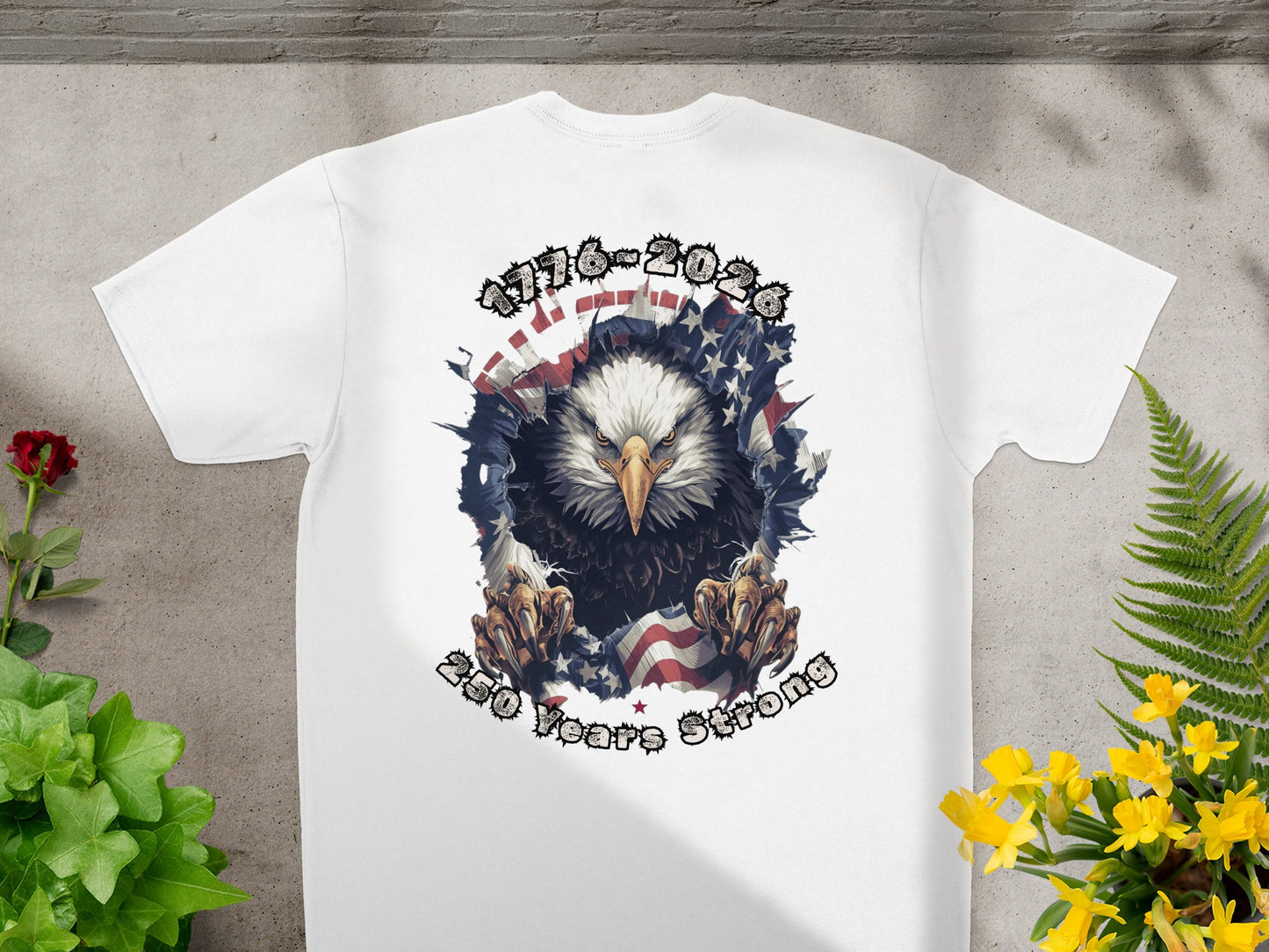 Eagle with American flag motif on t-shirt, "1776-2026 250 Years Strong".