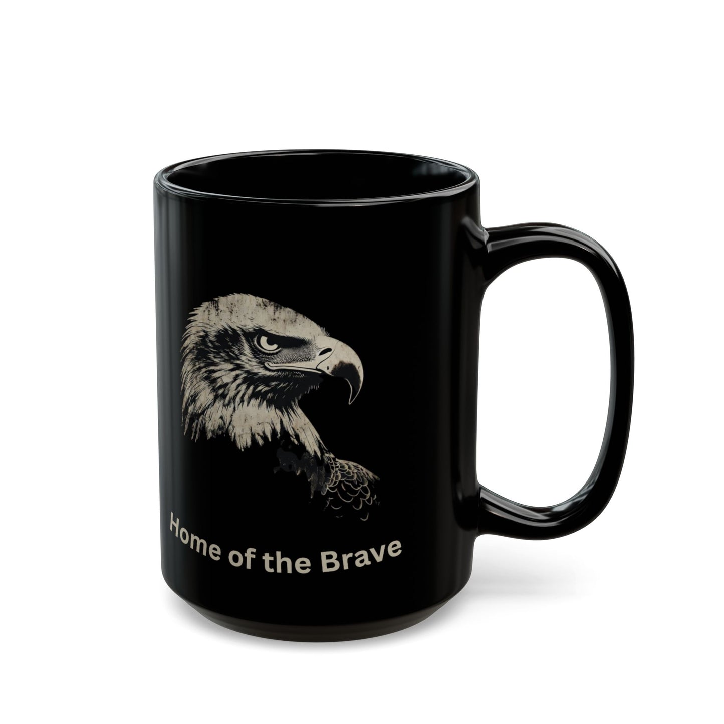 Black mug with eagle portrait and "Home of the Brave" text.