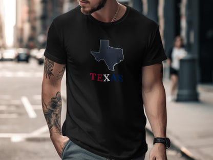 Black t-shirt with Texas outline and "TEXAS" text in red, white, and blue.
