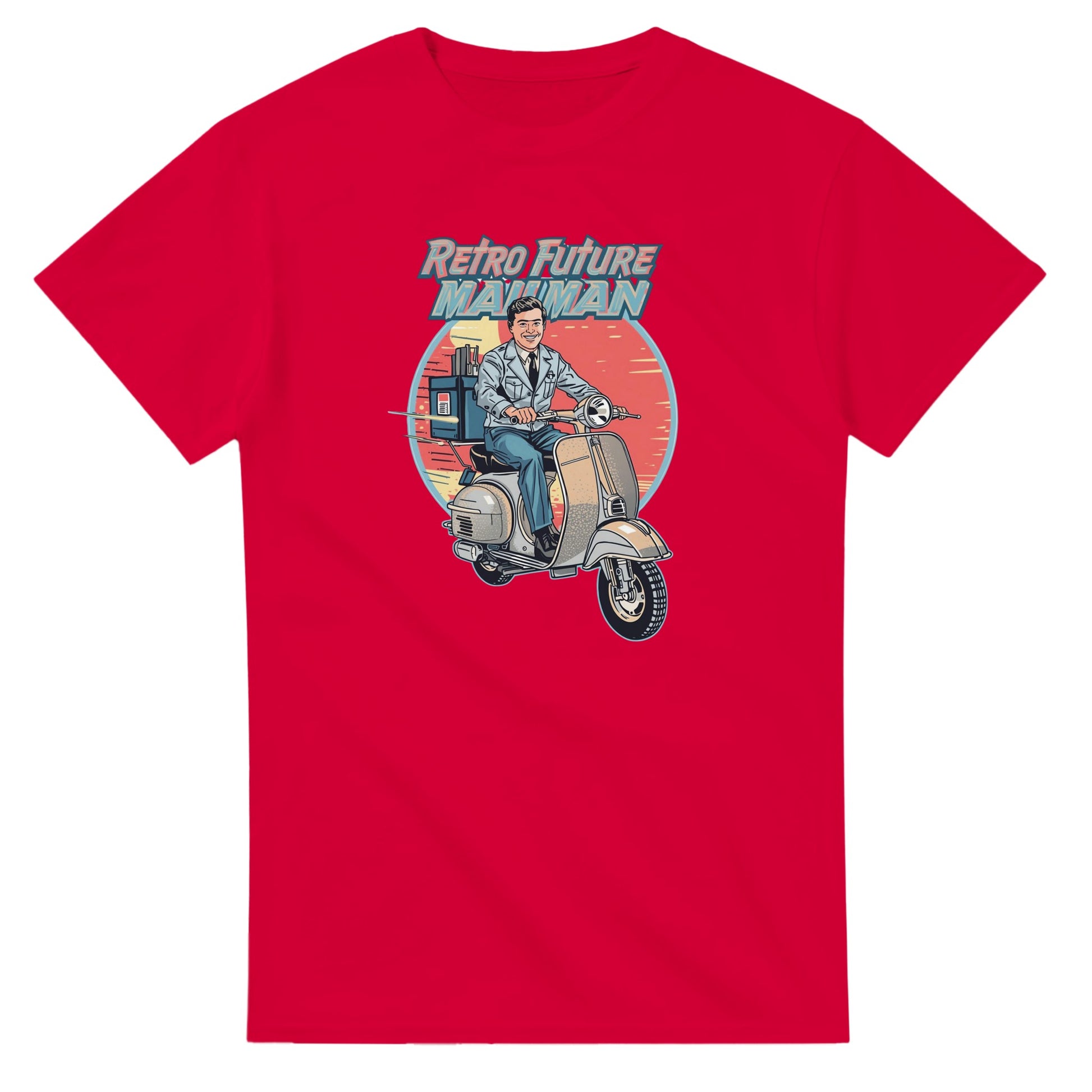 Man wearing a t-shirt with a retro design of a man on a scooter.