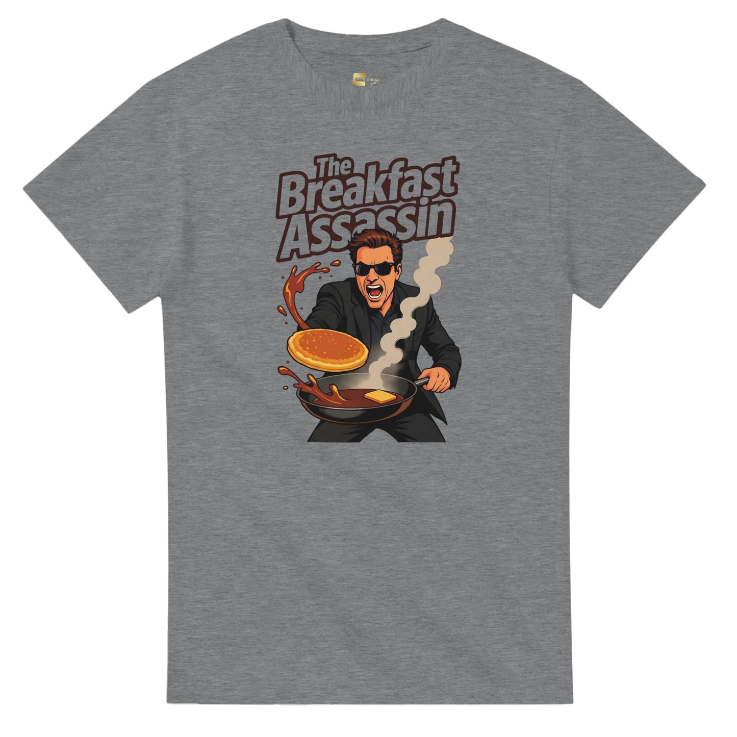 The Breakfast Assassin graphic design on a Heavyweight T-shirt
