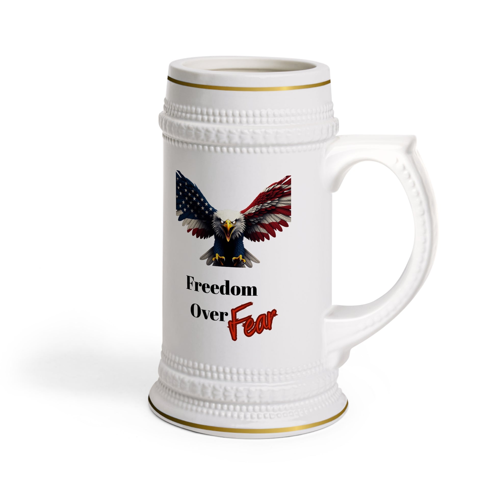 Freedom Over Fear Patriotic Eagle on a 22oz Ceramic Beer Stein