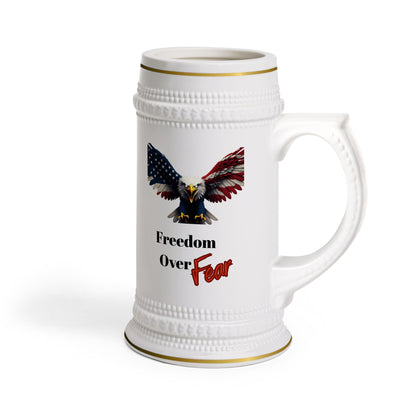 Freedom Over Fear Patriotic Eagle on a 22oz Ceramic Beer Stein