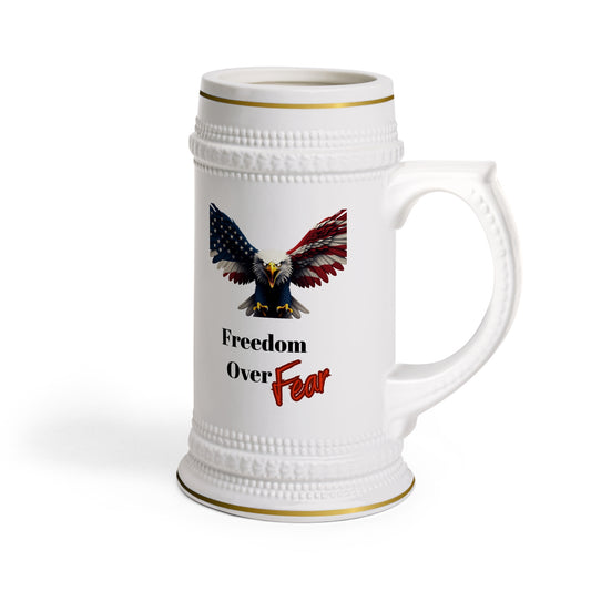 Freedom Over Fear Patriotic Eagle on a 22oz Ceramic Beer Stein