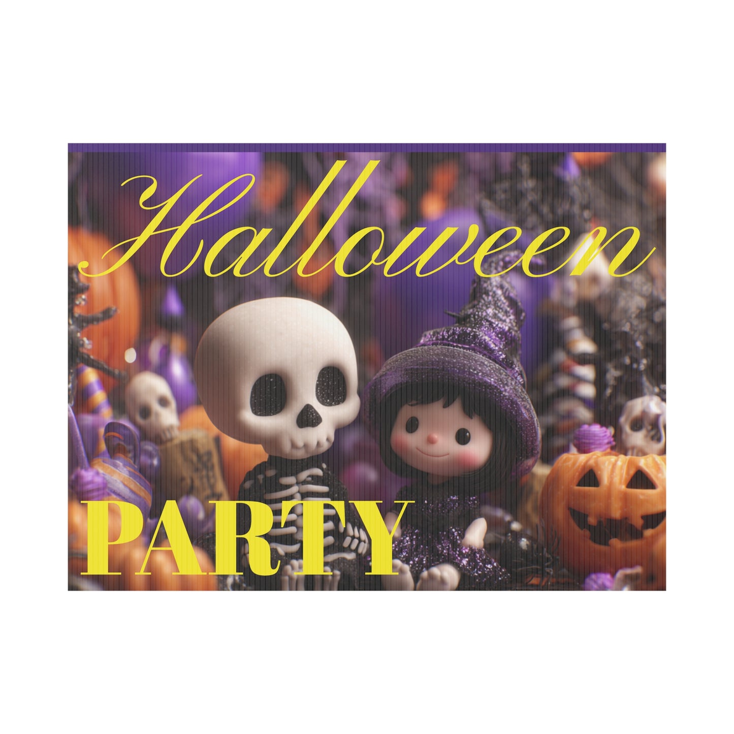 Halloween-themed party sign with cartoon characters on a grassy lawn