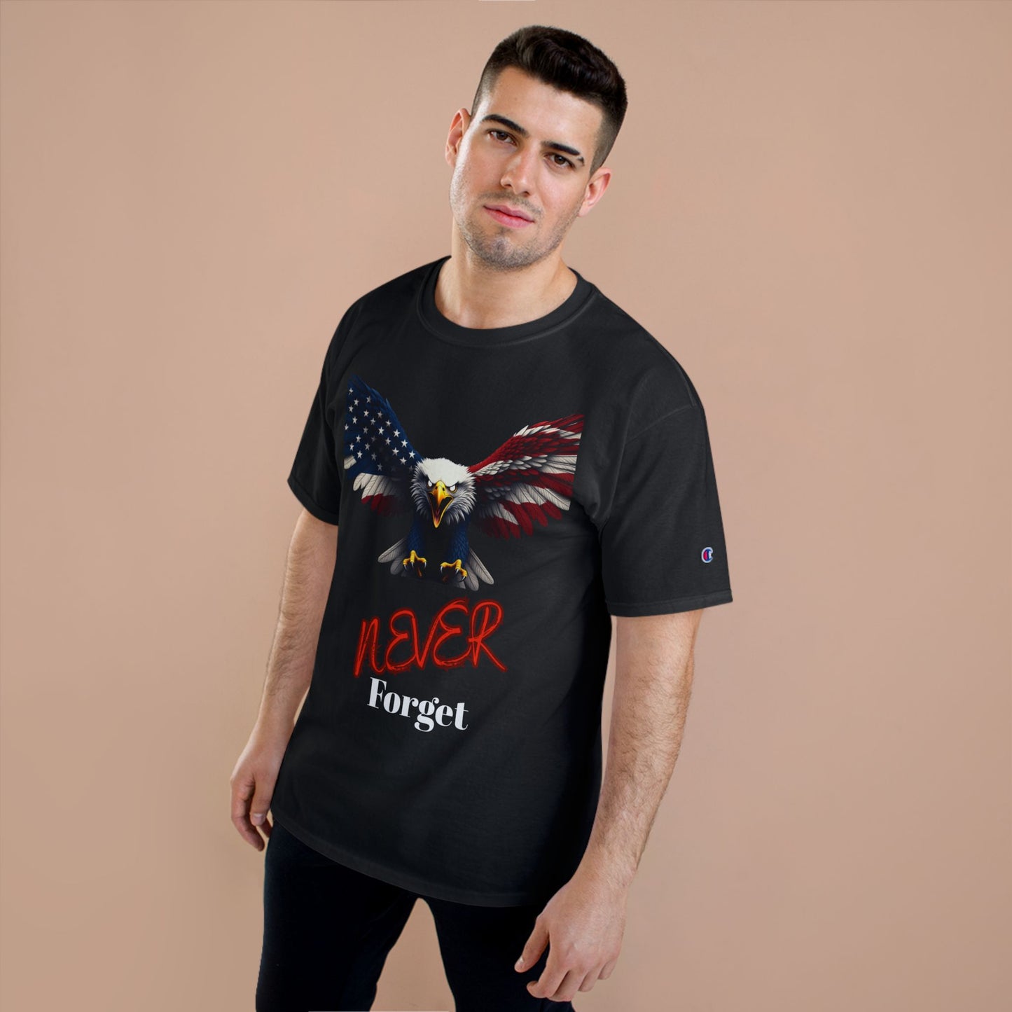 Never Forget Patriotic Eagle on a Champion T-shirt