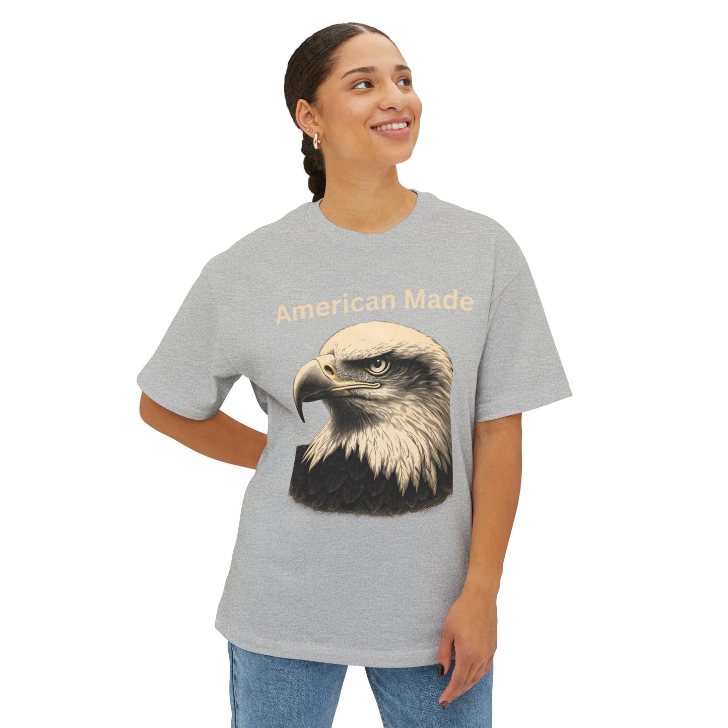 Engraved Eagle - American Made text at the top of a premium tee