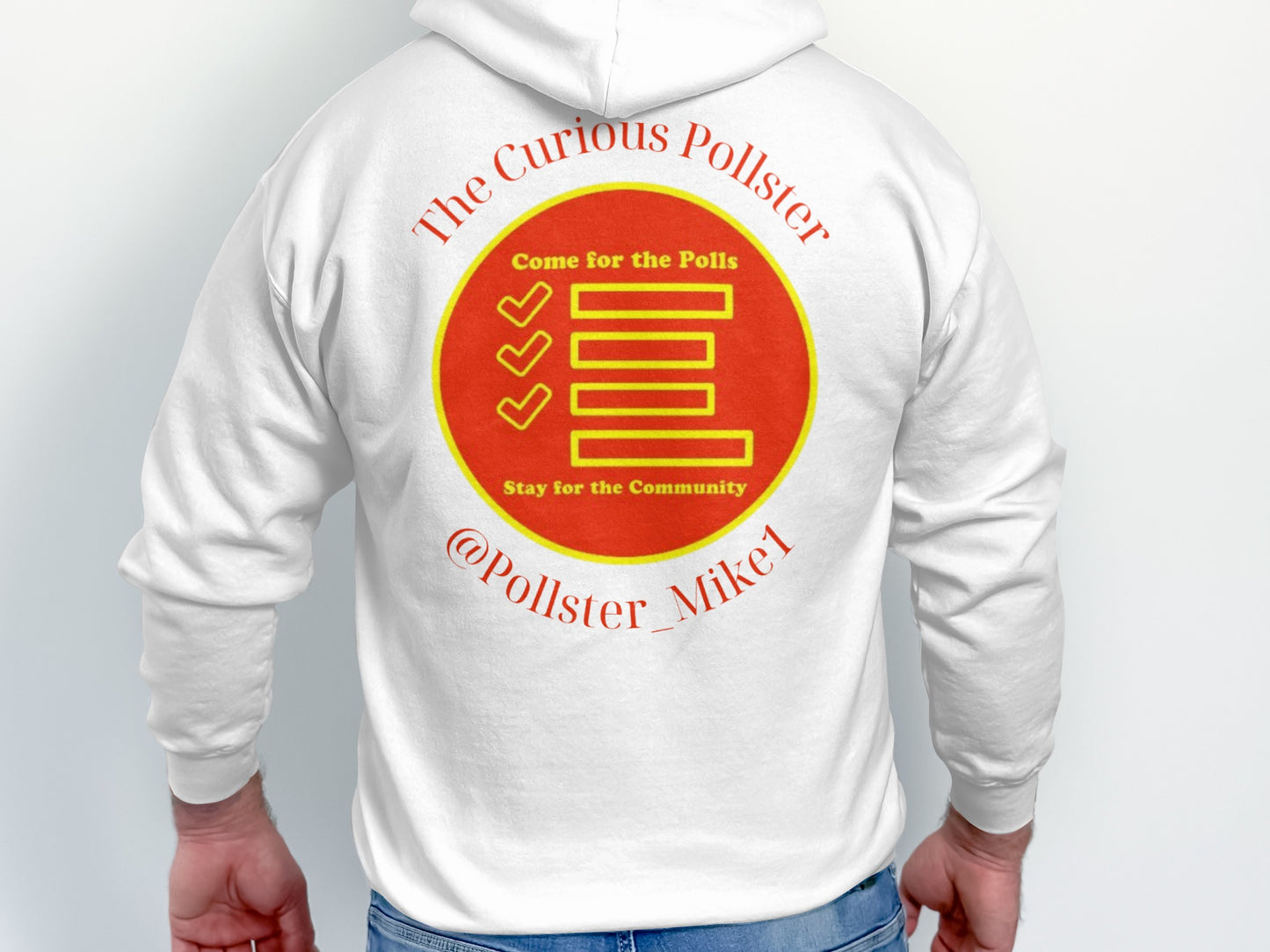 White hoodie with red and yellow "The Curious Pollster" logo and text.