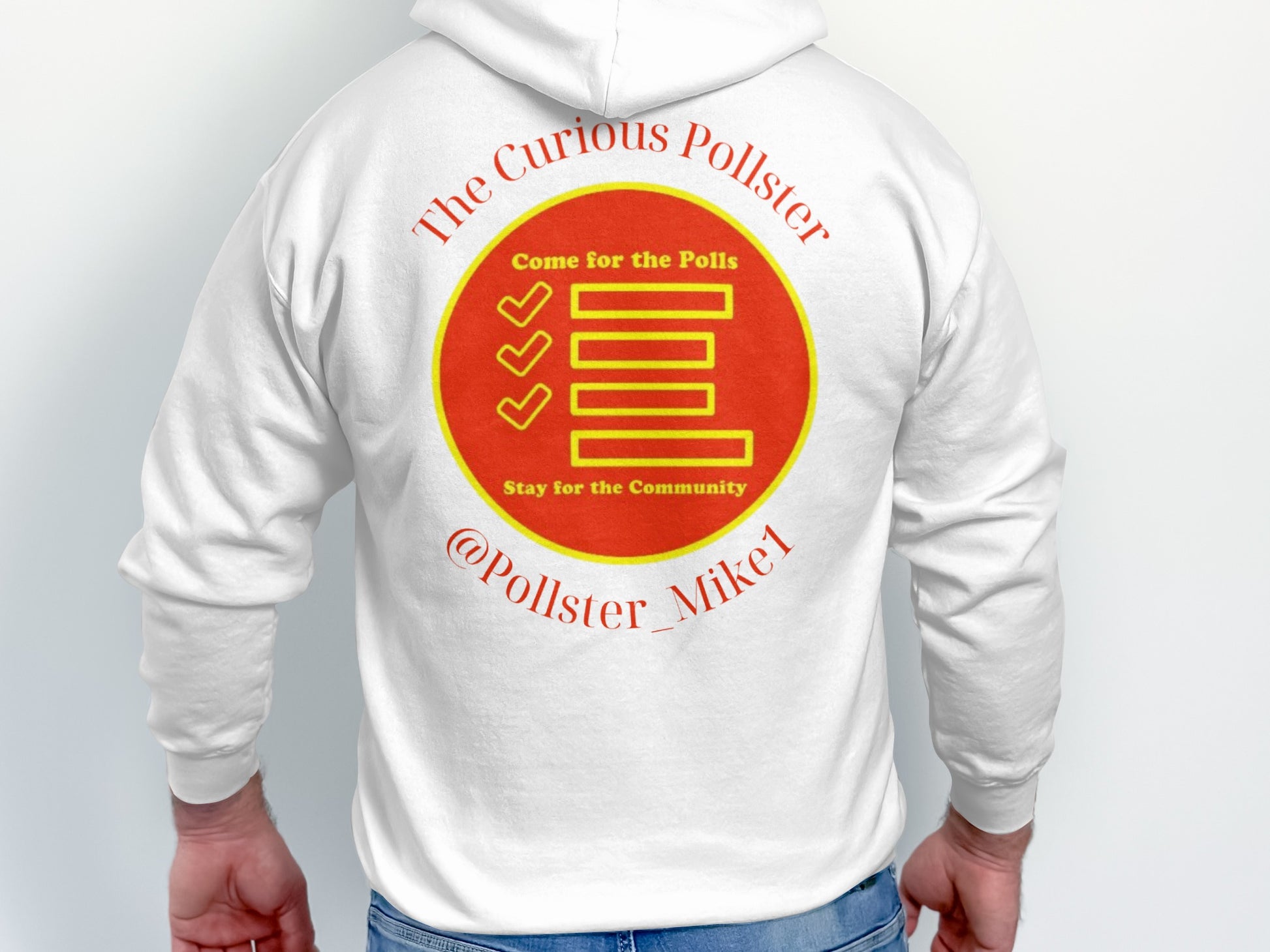 White hoodie with red and yellow "The Curious Pollster" logo and text.