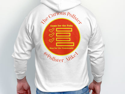 White hoodie with red and yellow "The Curious Pollster" logo and text.