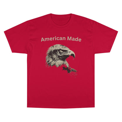 American Made text above an eagle head on a Champion Tee