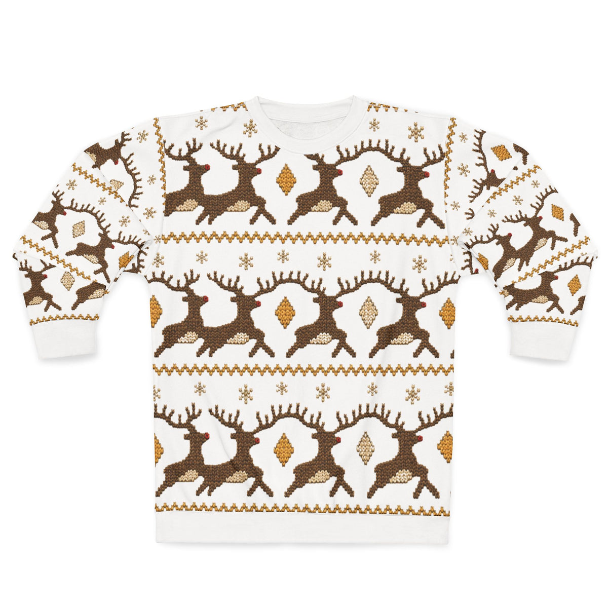 White sweatshirt with a repeating pattern of brown reindeer and gold diamonds.